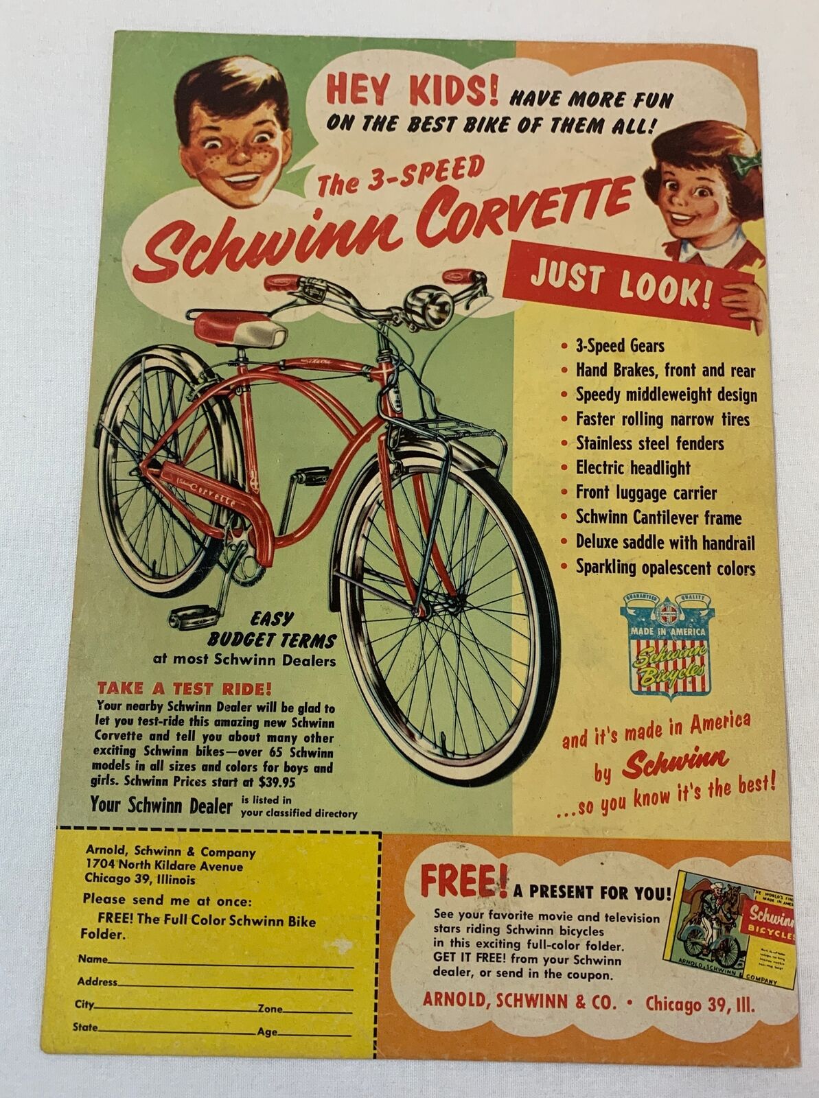 1956 Schwinn 3-SPEED CORVETTE ad page ~ Hey Kids
