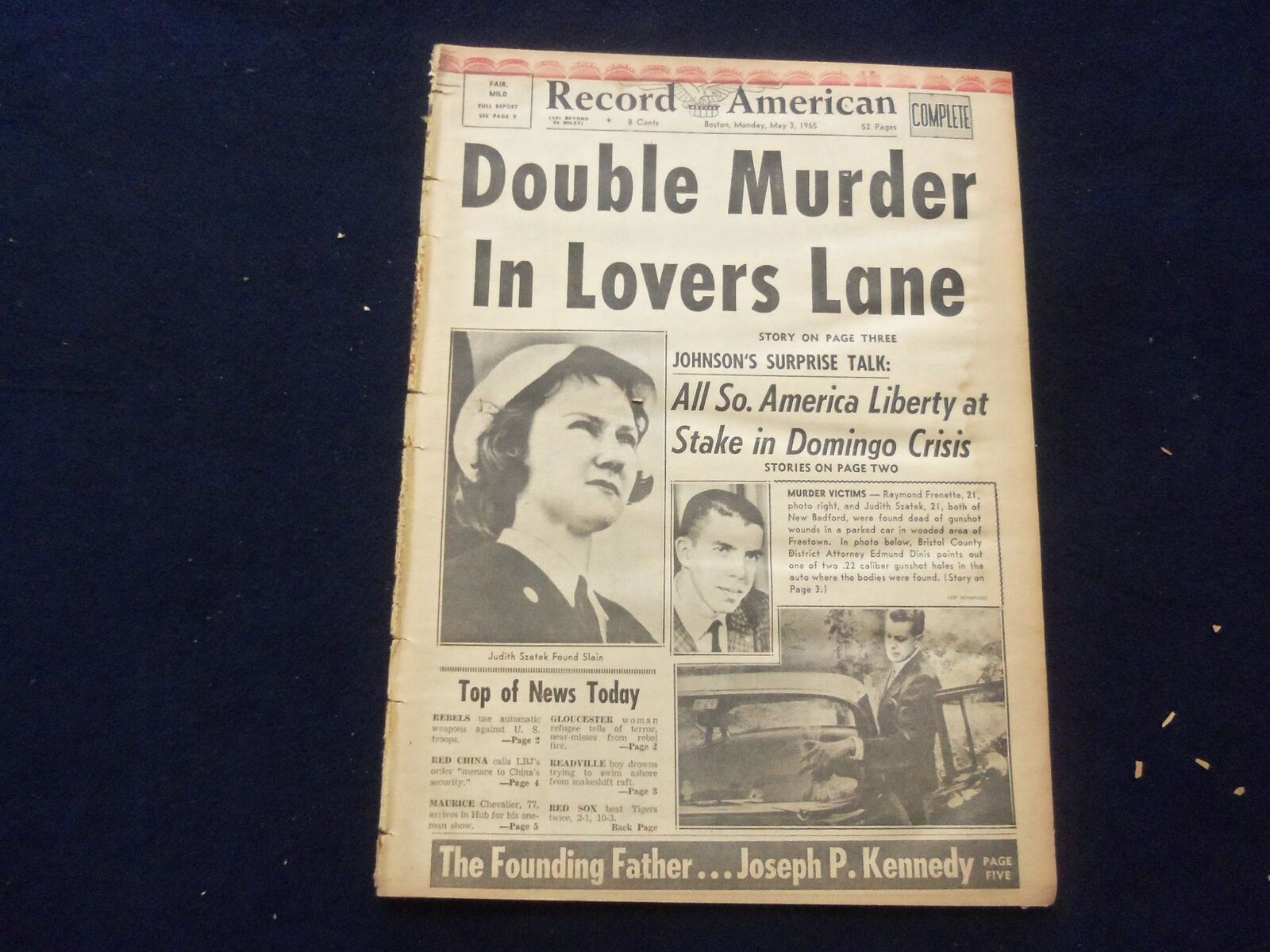 1965 MAY 3 BOSTON RECORD AMERICAN NEWSPAPER DOUBLE MURDER IN LOVERS LANE-NP 6280
