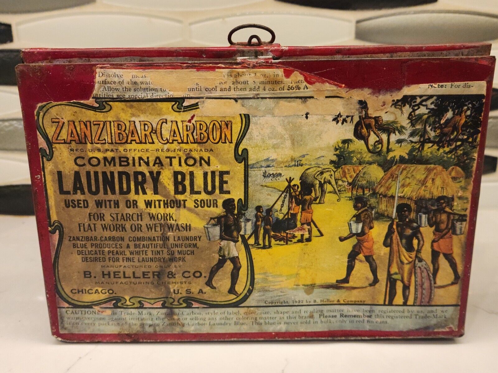 ZANZIBAR-CARBON-LAUNDRY BLUE-**Rare**1922-B Heller&Company-Tin Box-Antique