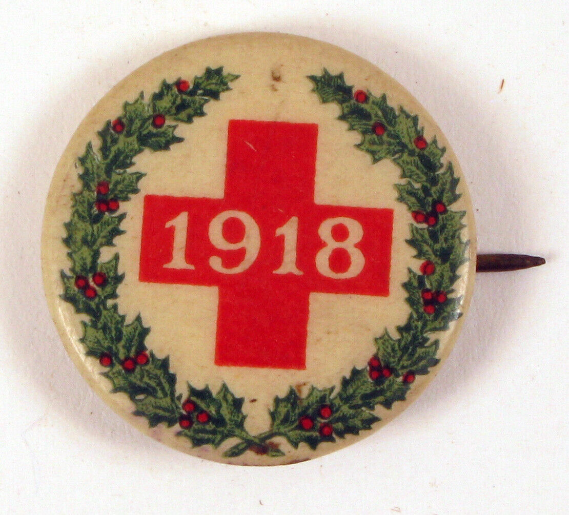 BUTTON PIN WWI 1918 RED CROSS HOLIDAY WREATH CHRISTMAS WAR CAMPAIGN RARE 