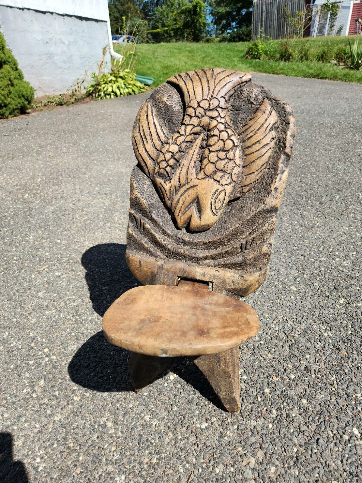 Vintage African Tribal Birthing Chair Hand Carved Wood Folk Art Fish 3 Legs