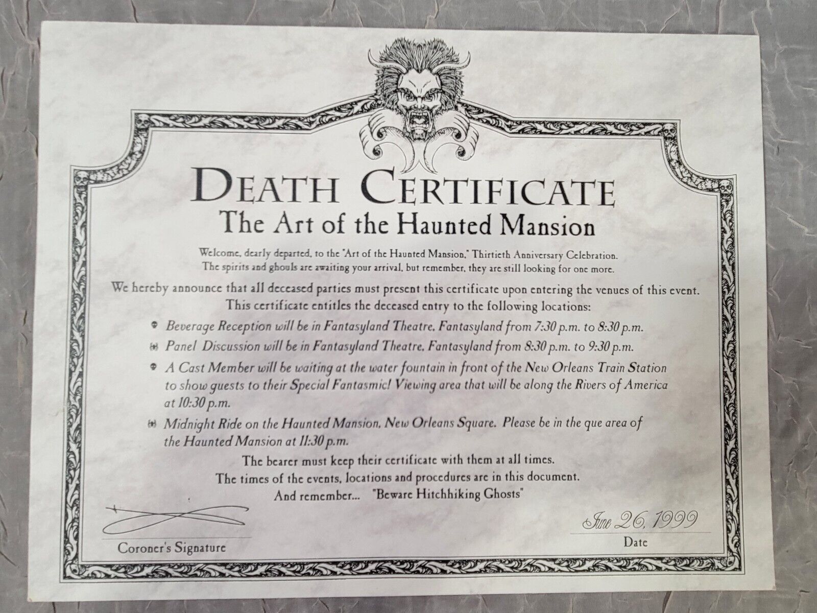 Disneyland\'s Haunted Mansion Death Certificate 30th Anniversary Entry Pass 1999