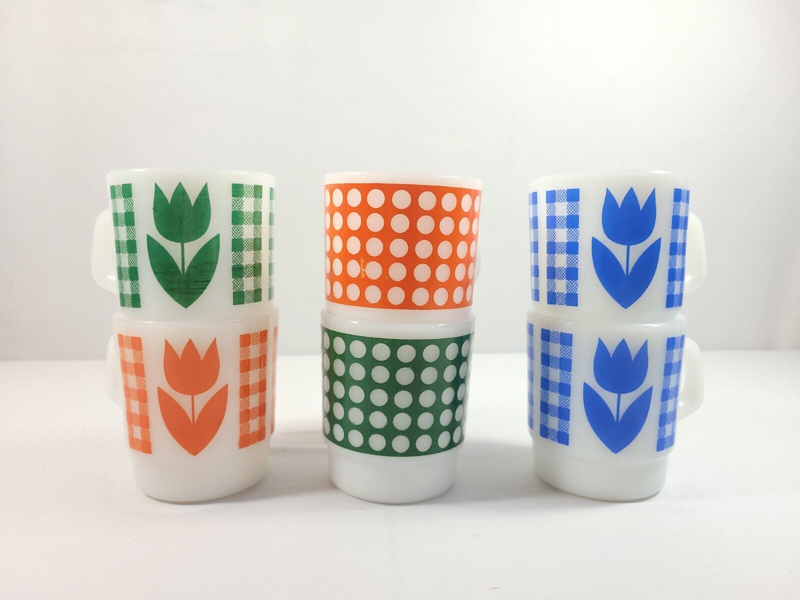 Vtg 1960's Set of 2 Termocrisa Milk Glass Mug, Tulips or Polka Dot, Made in USA