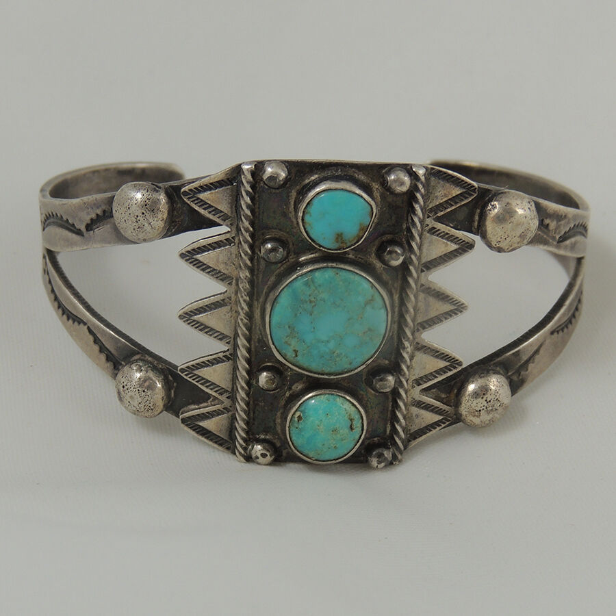 Best Early Navajo Natural Turquoise Bracelet Beautiful Hand Stamping Raindrops