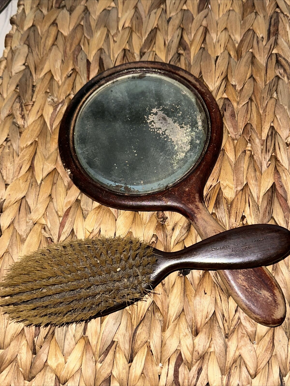 Antique Vintage Mirror Hair Brush Wooden Boudoir Set of 2 BID 4 CHARITY ❤️ttb3