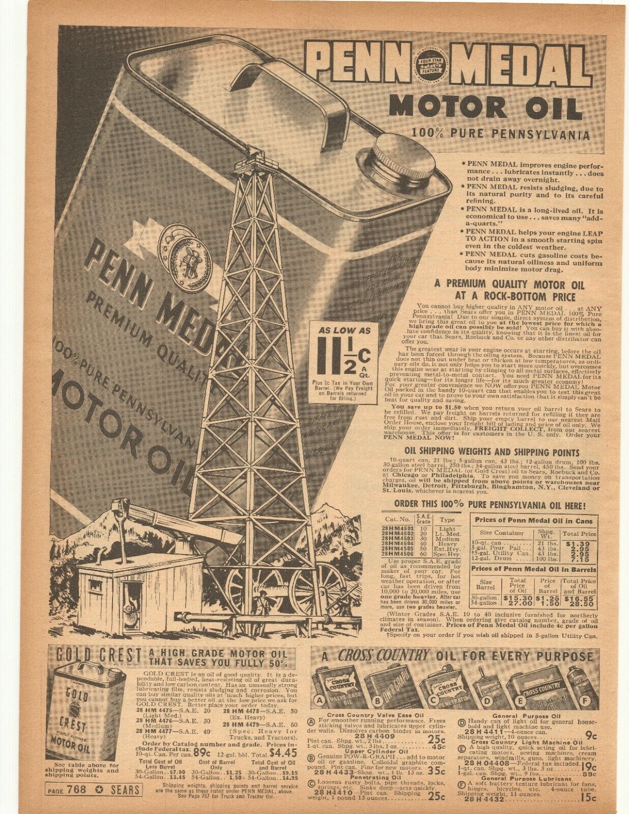 1938 Penn Medal Motor Oil, Gold Crest, Tractor Batteries Double Sided Sears Adve
