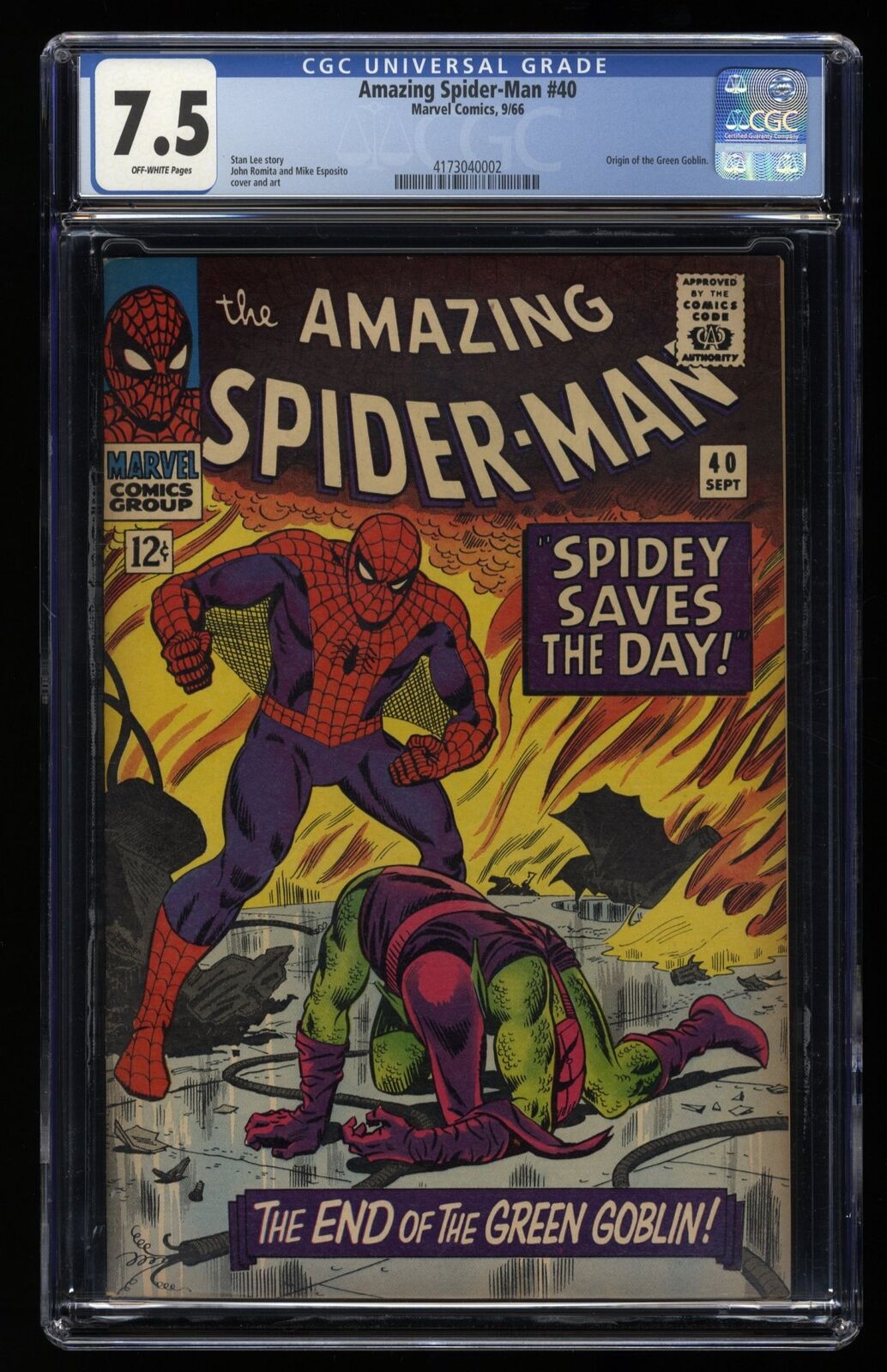 Amazing Spider-Man #40 CGC VF- 7.5 Off White Classic Romita Green Goblin Cover