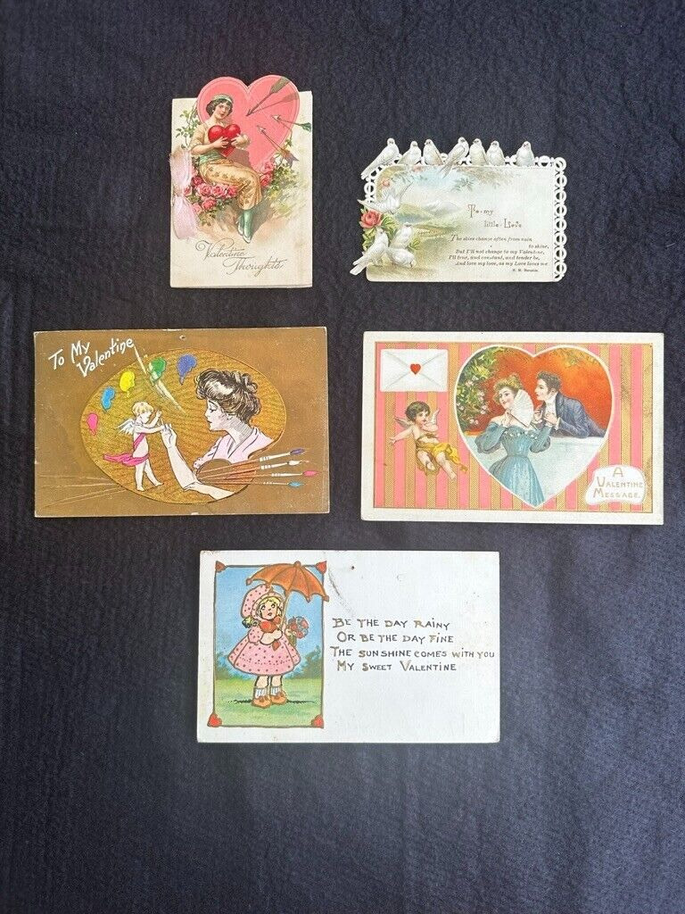 VTG Victorian Valentine\'s Day Cards 1890s/1900s Lot of 5 Great Condition