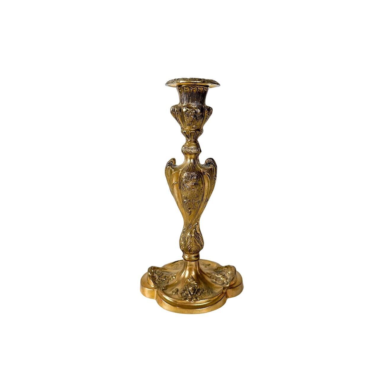 Vintage Art Nouveau Style Heavy Brass Candlestick Holder with Floral Designs