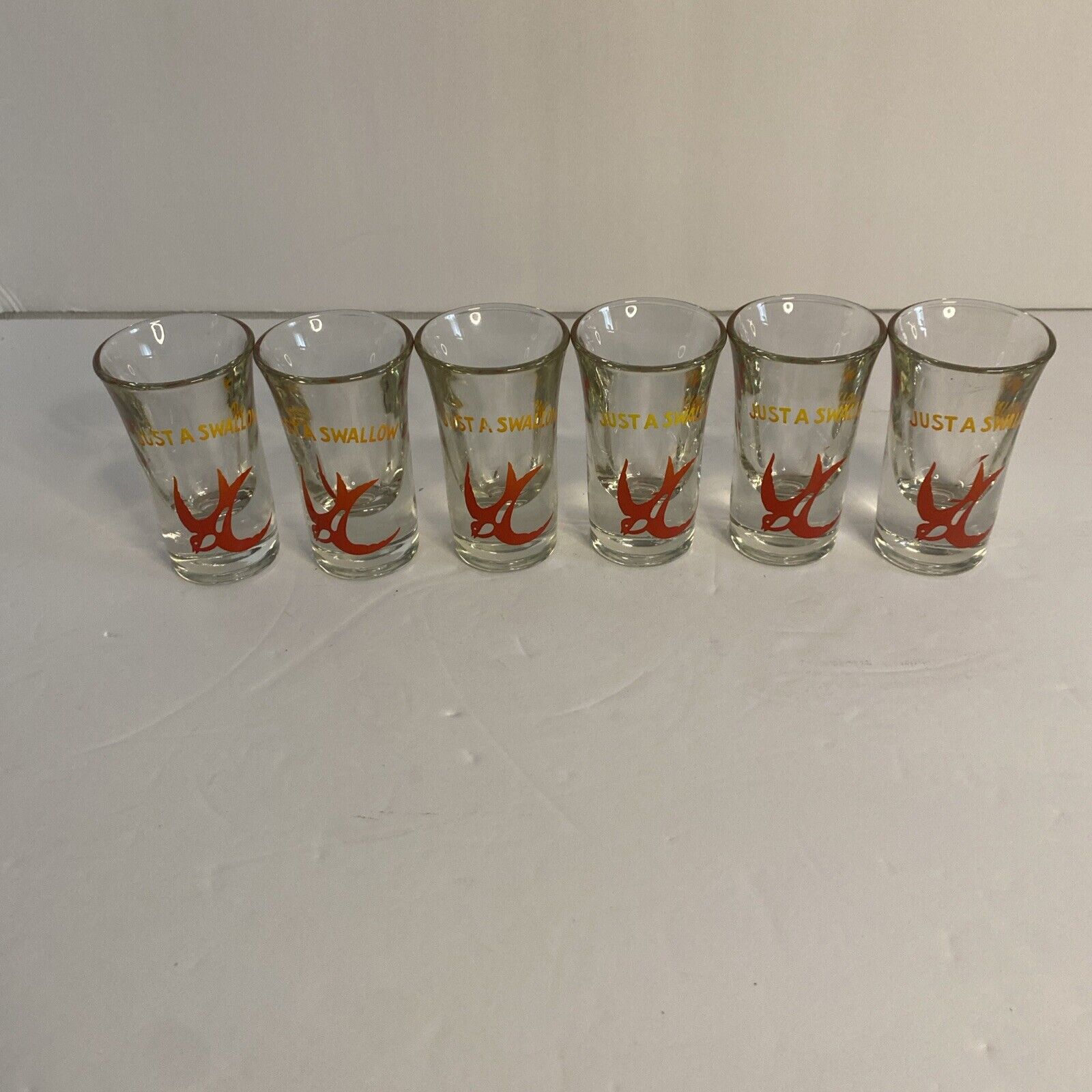 Vintage 50's Shot Glasses Just a Swallow Navy Tattoo Style Bird Barware Set Of 6