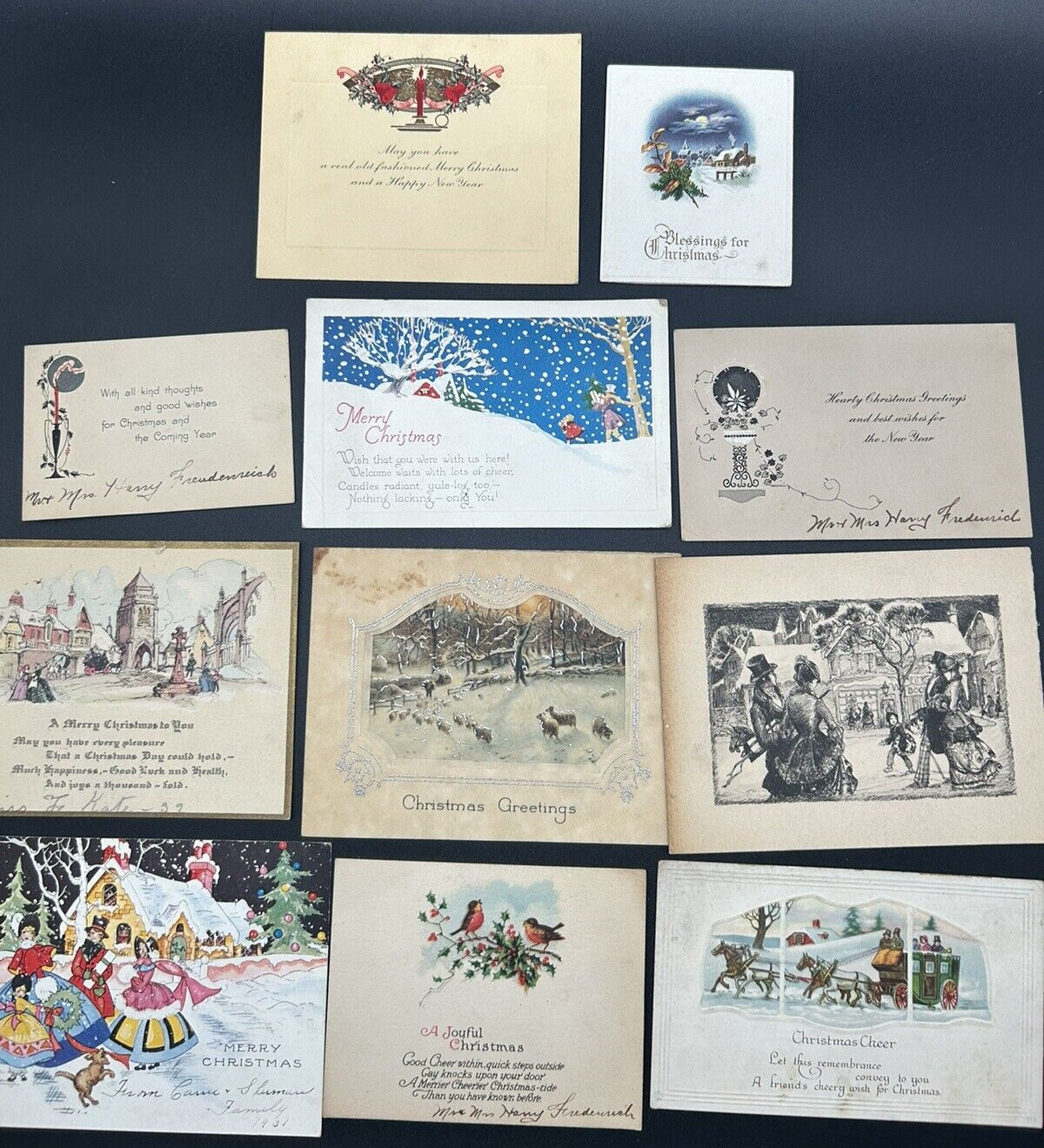 Lot of 11 Vintage 1920s / 1930s Art Deco Style Used Christmas Cards