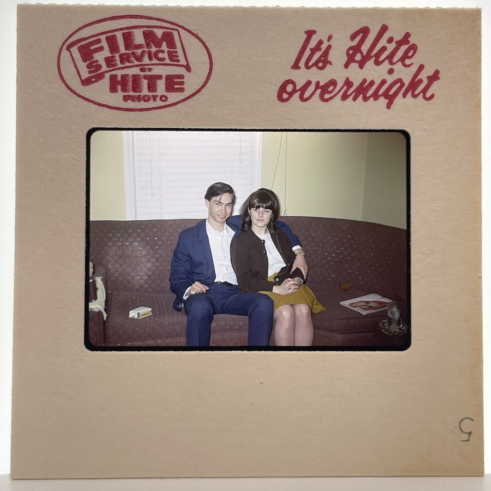 Vintage 60s 35mm Slide Young Couple Posed On Living Room Couch
