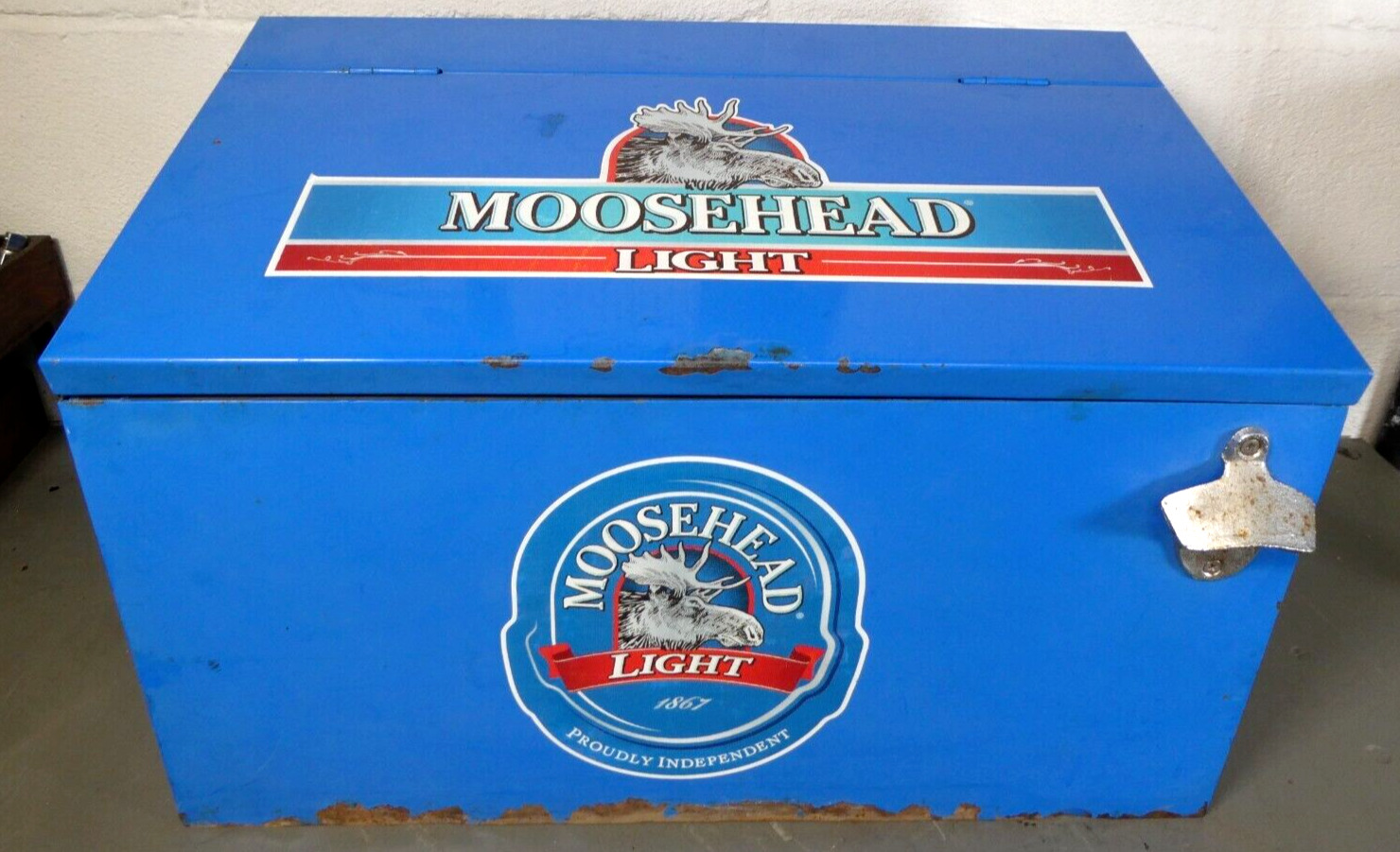 Scarce Vintage Moosehead Light Steel Cooler/Ice Box with Opener