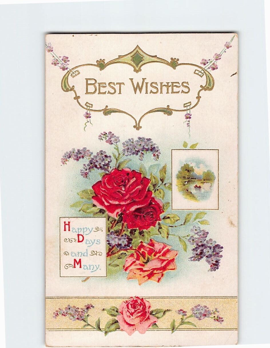 Postcard Best Wishes Happy Days and Many with Roses Flowers Embossed Art Print