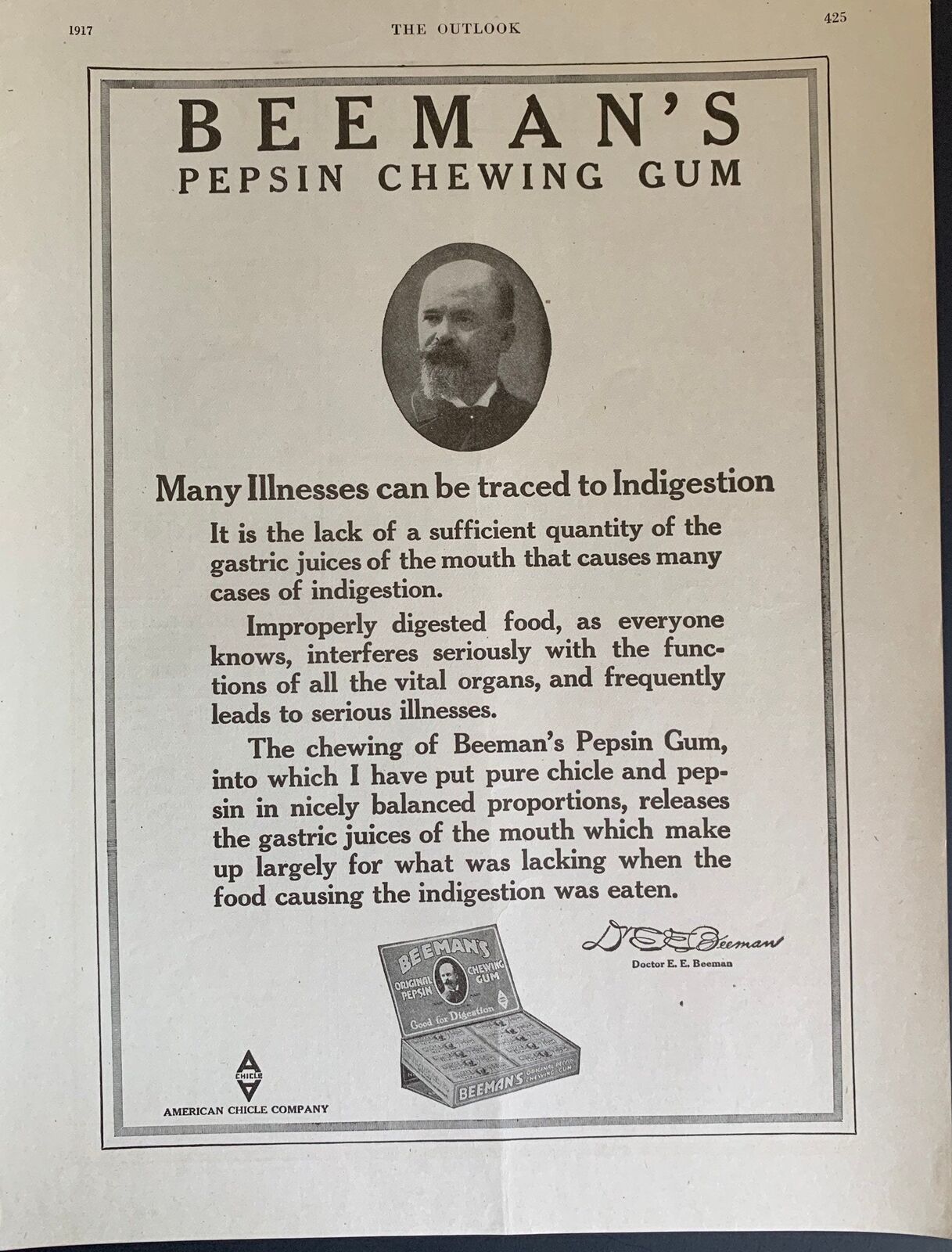 Vintage 1917 Beeman’s Pepsin Chewing Gum Ad