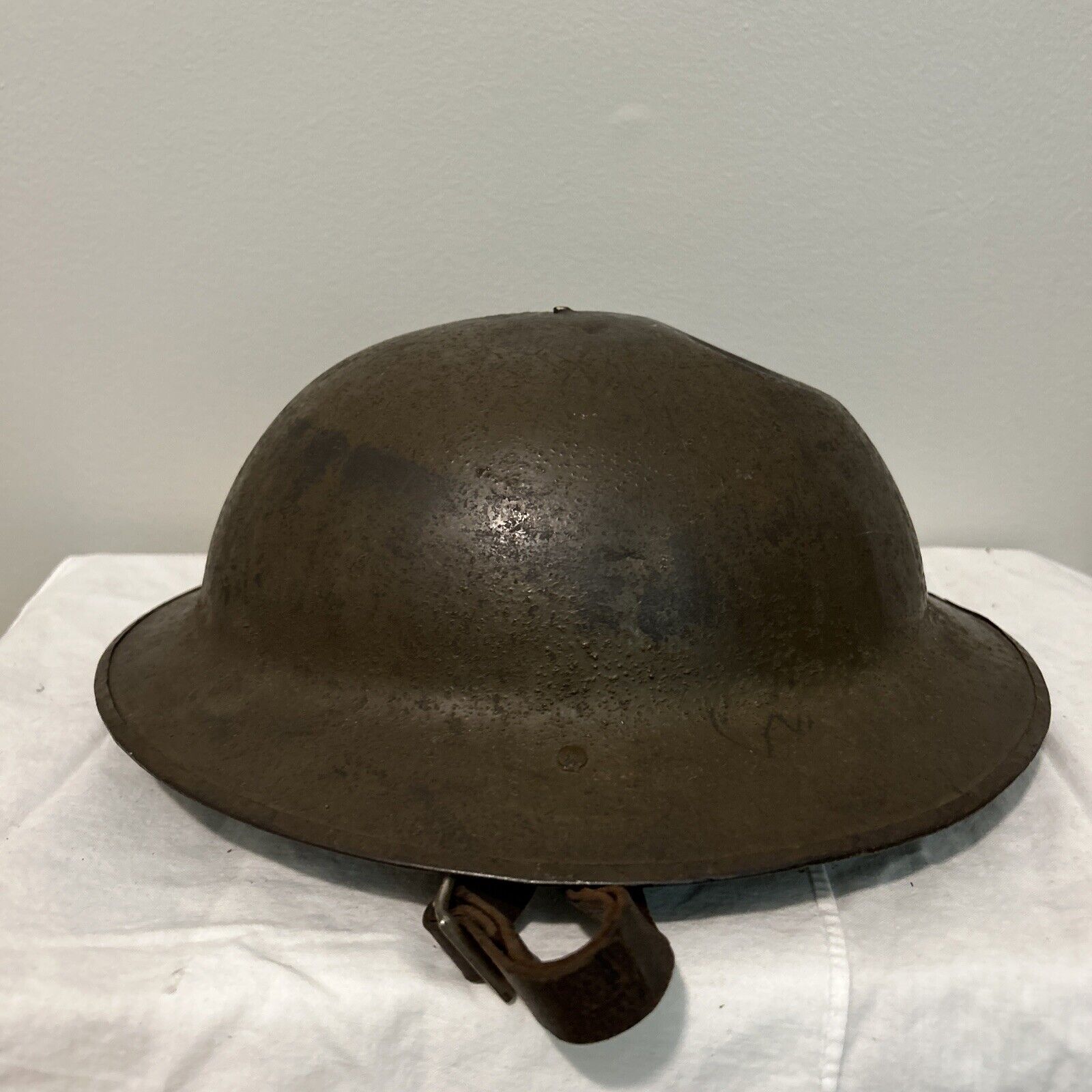 Original WW1 Metal Brodie Helmet W/Leather Chin Strap, Liner Adjustment