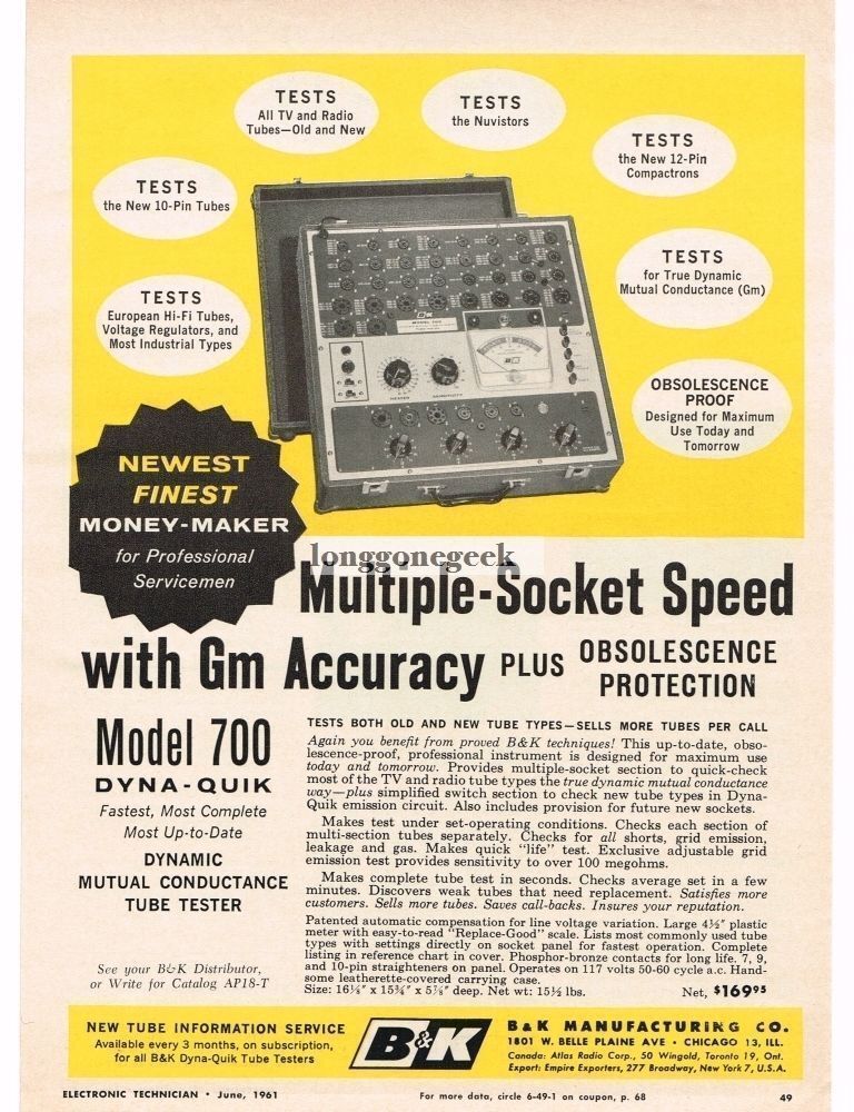1962 B&K Model 700 Dyna-Quik Electro Tube Tester Vintage Print Ad 