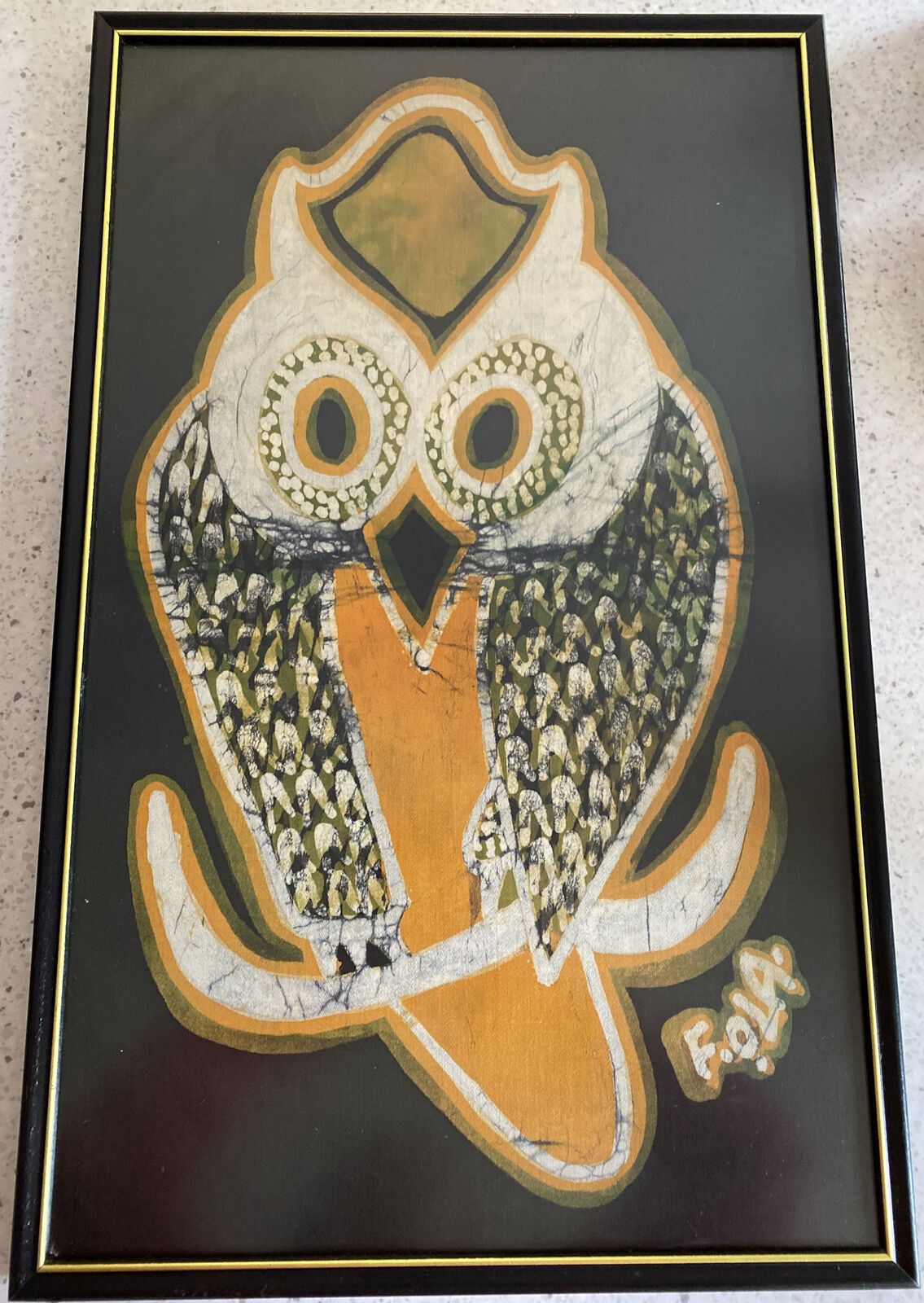 Vintage Signed Batik Painting Owl Boho MCM Framed 26.5” X 16.5”