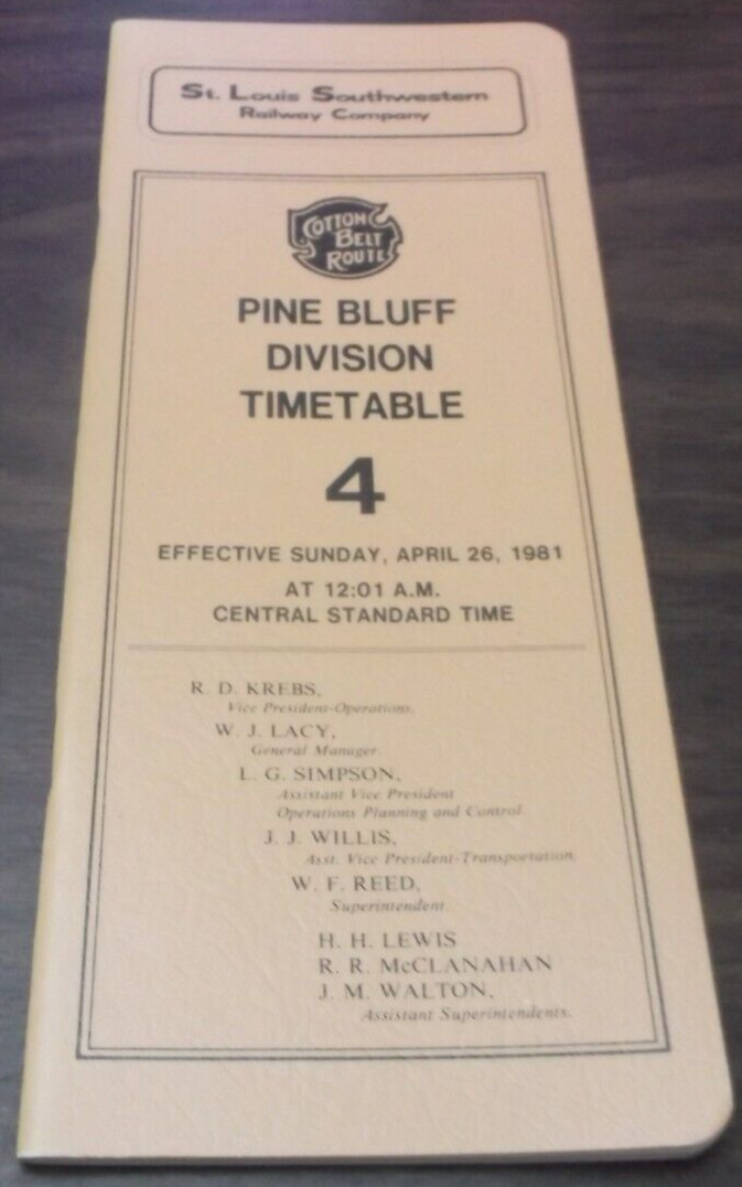 1981 ST. LOUIS SOUTHWESTERN SSW COTTON BELT PINE BLUFF EMPLOYEE TIMETABLE #4
