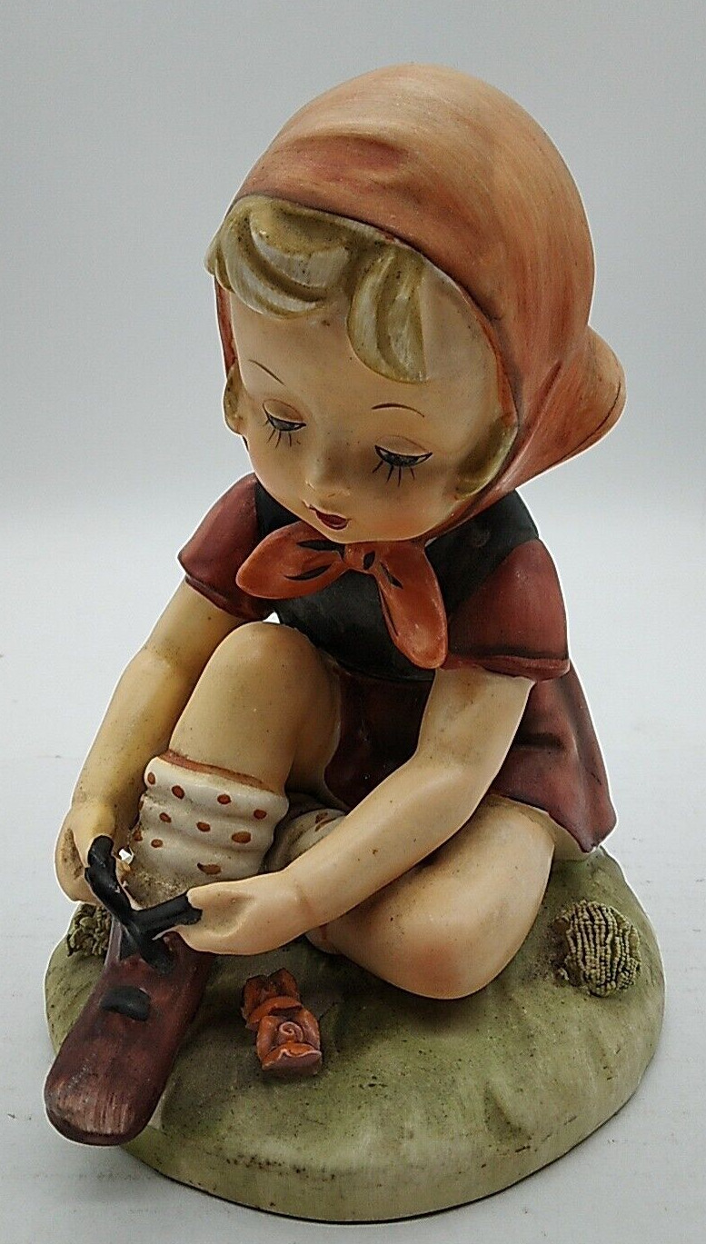 Erich Stauffer Girl Figurine LARGE Child Tying Shoes Vintage Hummel Style # 8248