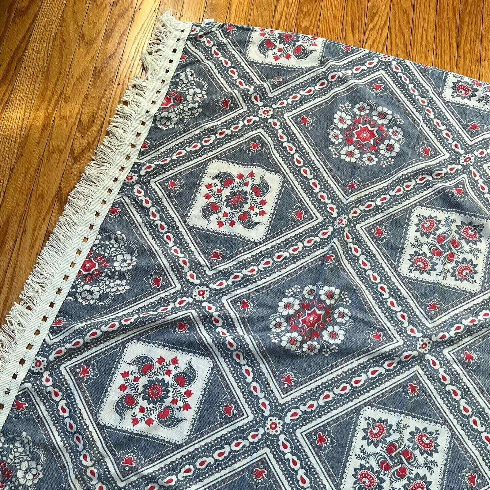 Vintage Mid Century Handkerchief Twin Bedspread Throw Red White Blue Fringe Boho