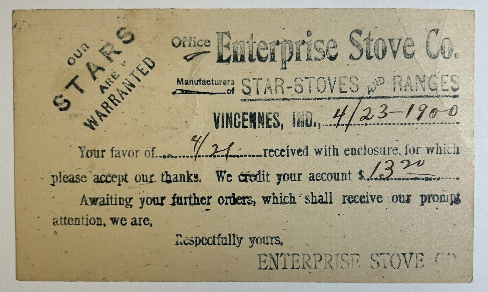 Enterprise Stove Co. Vincennes, Indiana Antique Order Receipt Postcard, 1900