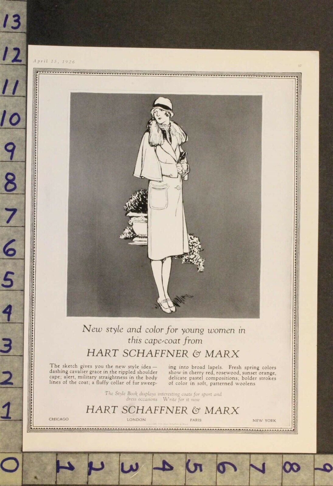 1926 FASHION WOMEN HART SCHAFFNER MARX CAPE FLAPPER ART DECO ROARING 20S AD WQ60