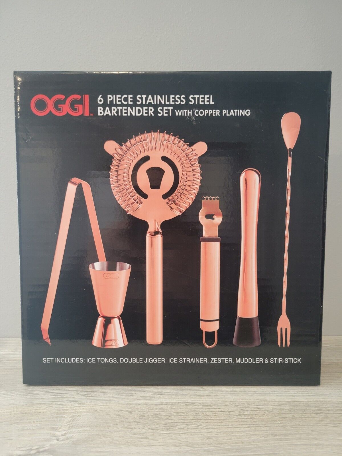 OGGI 6 PC Stainless Steel Bartender Set with Copper Plating Used Missing Pieces 
