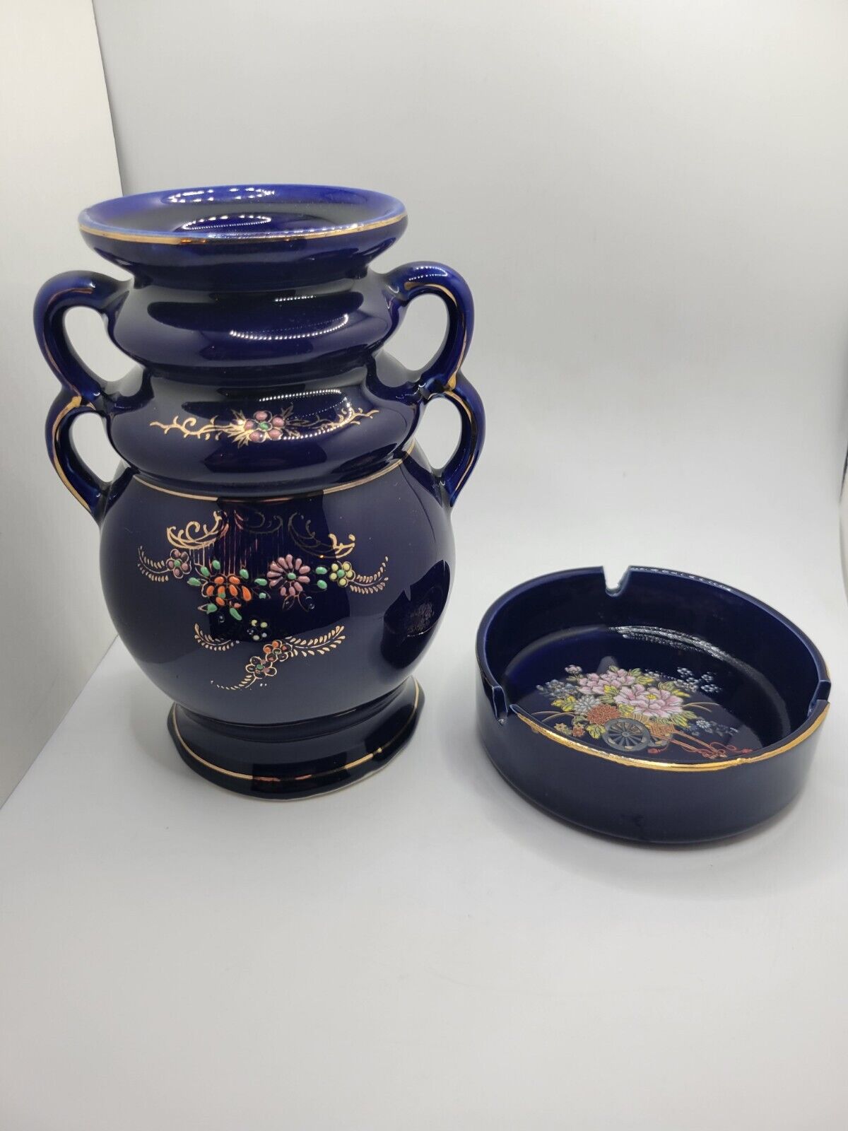 Vintage Kutani Japan Double Handled Hand Painted Cobalt Ceramic Vase & Ashtray