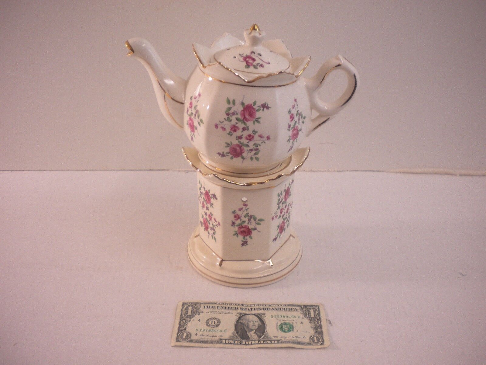 Vintage Castle Japan Gold Pink Rose Tea Pot and Warmer 