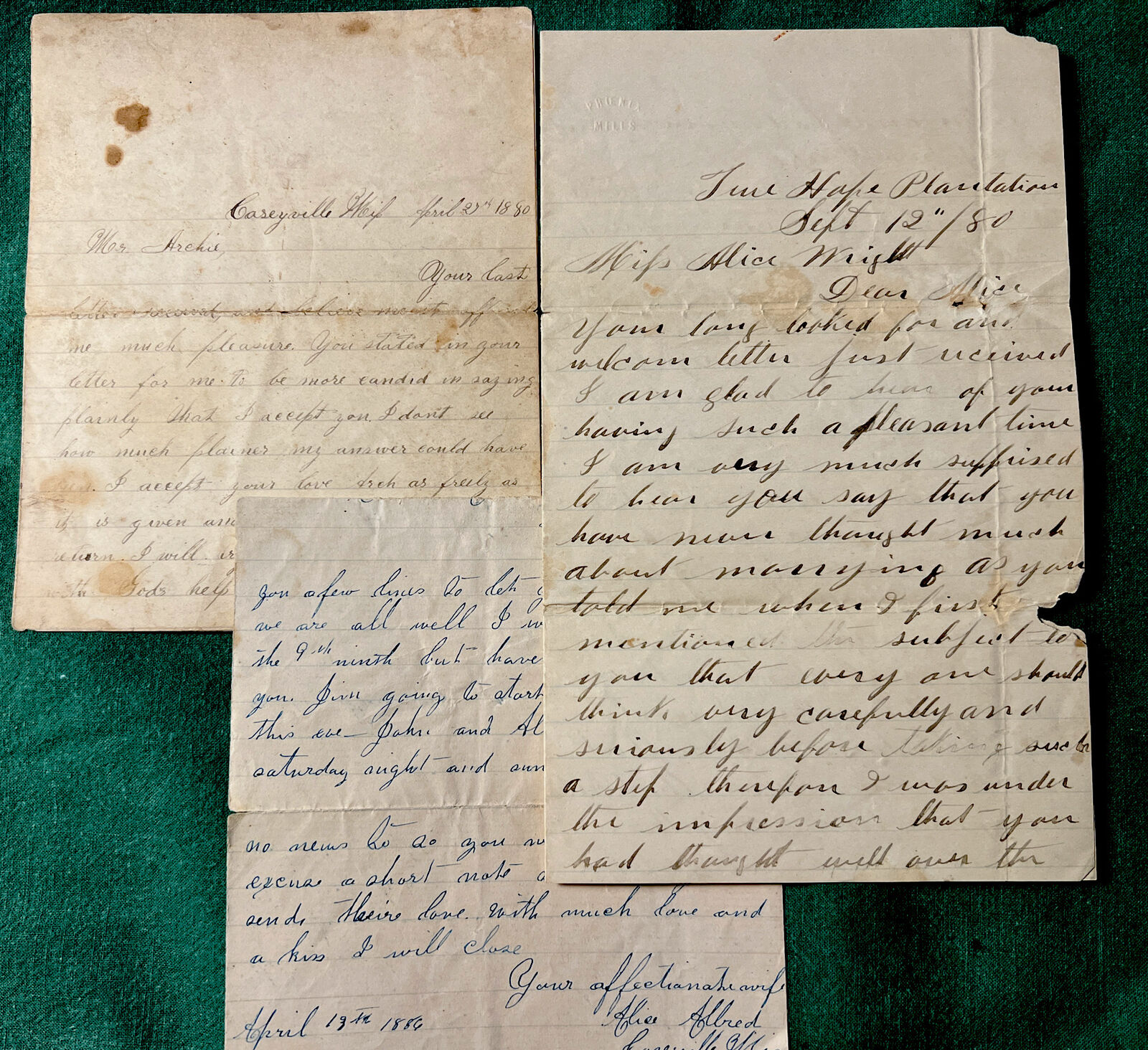 Rare 1880 - 1886 3 TRUE Hope PLANTATION love letters CASEYVILLE Mississippi