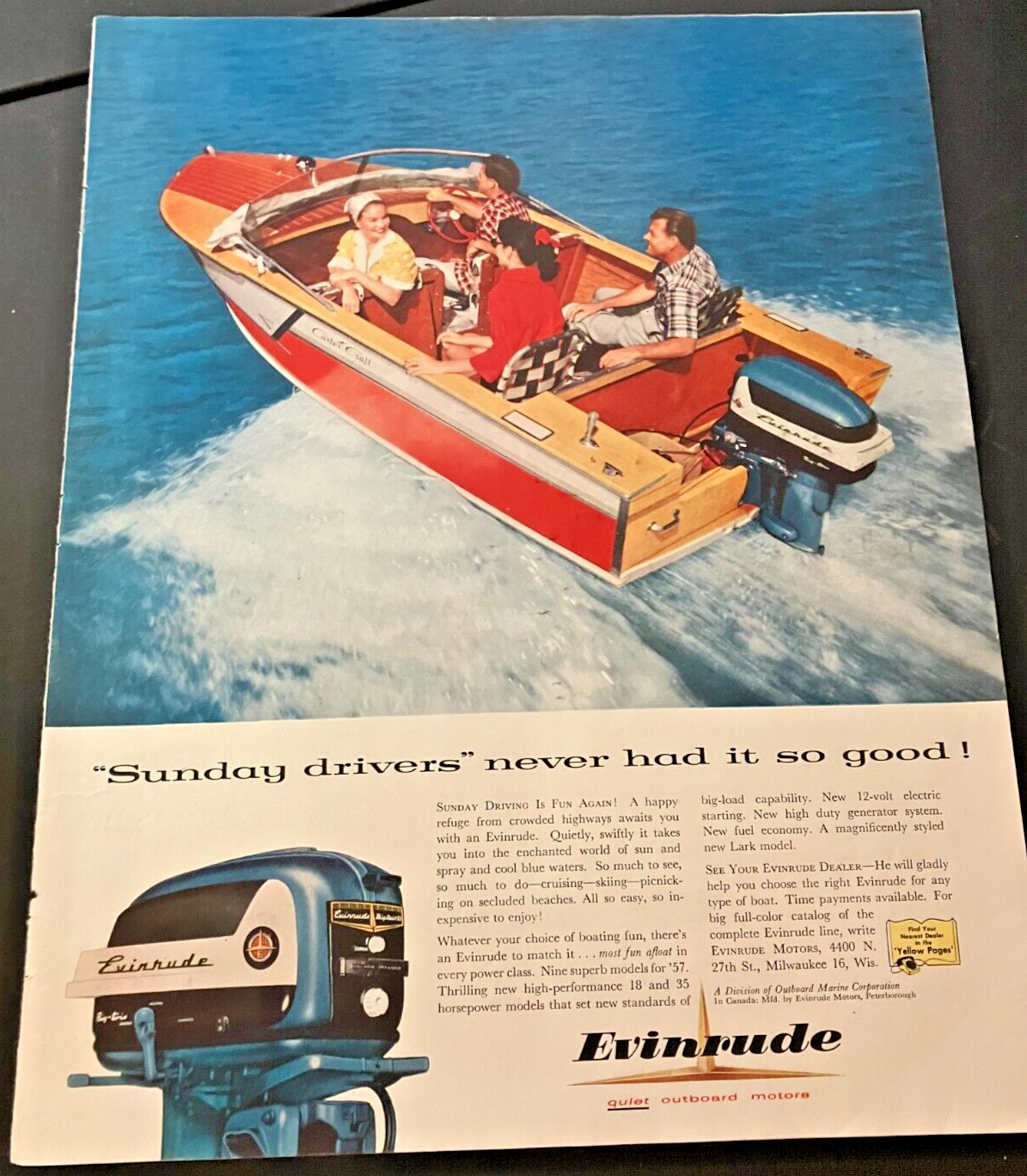 1957 Evinrude Quiet Outboard Motors - Vintage Boating Print Ad / Wall Art  CLEAN