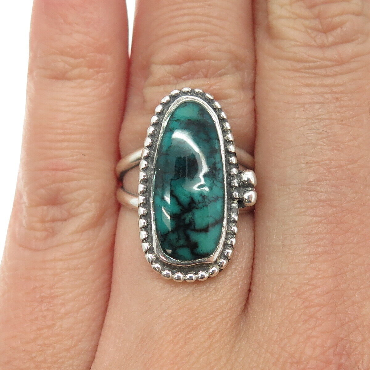 Old Pawn 925 Sterling Silver Southwestern Real Damale Turquoise Ring Size 5.5
