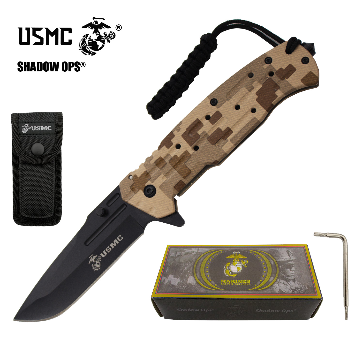 USMC MARINES Knife Assisted Opening Officially Licensed with Case and Tool
