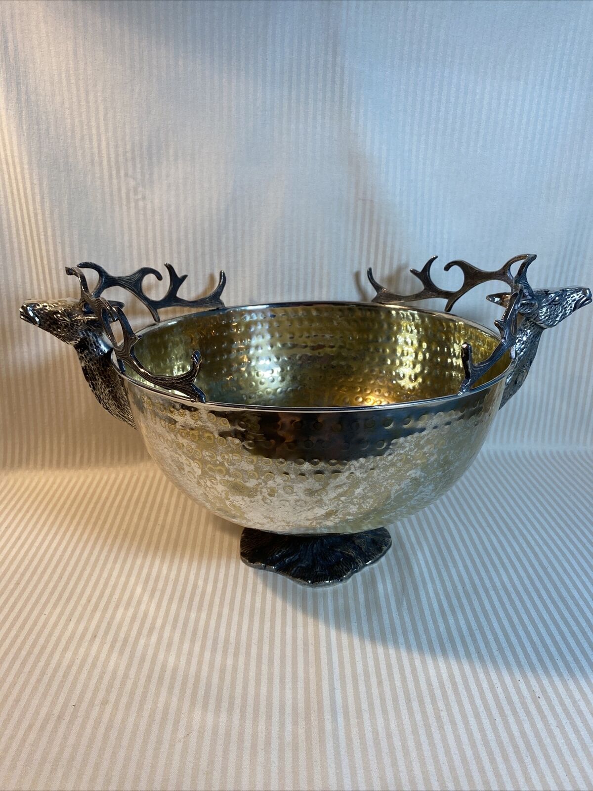 Mid Century Hammered Silver Plate Stag Centerpiece Bowl 18\