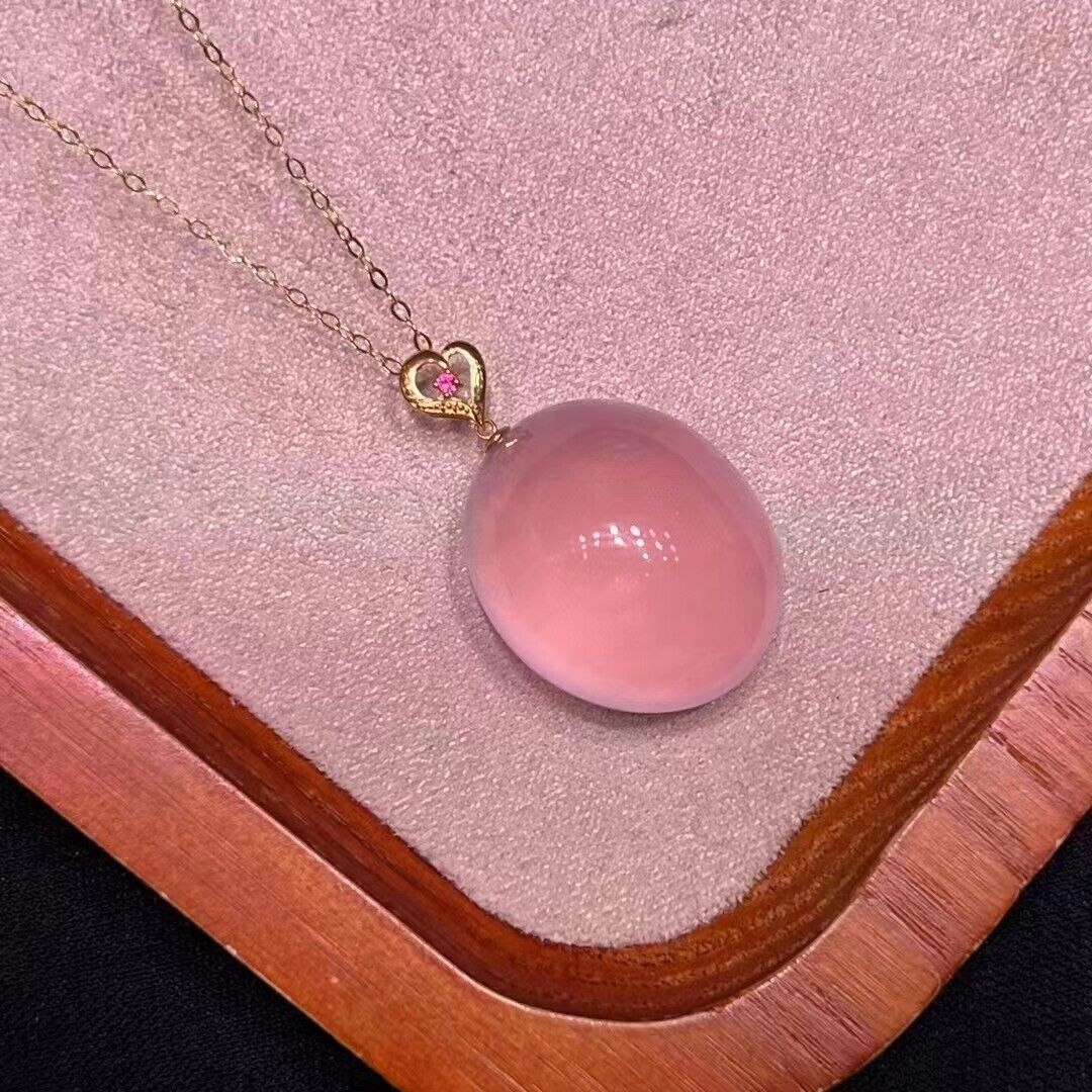 Natural Rose Quartz Pink Crystal Round Ball 18K Gold Pendant Necklace 5A