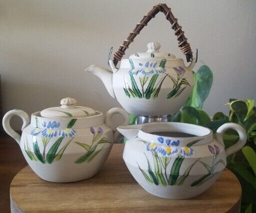 Antique Banko Japan 5-Piece Tea Set Pottery Handpainted Enamel Iris