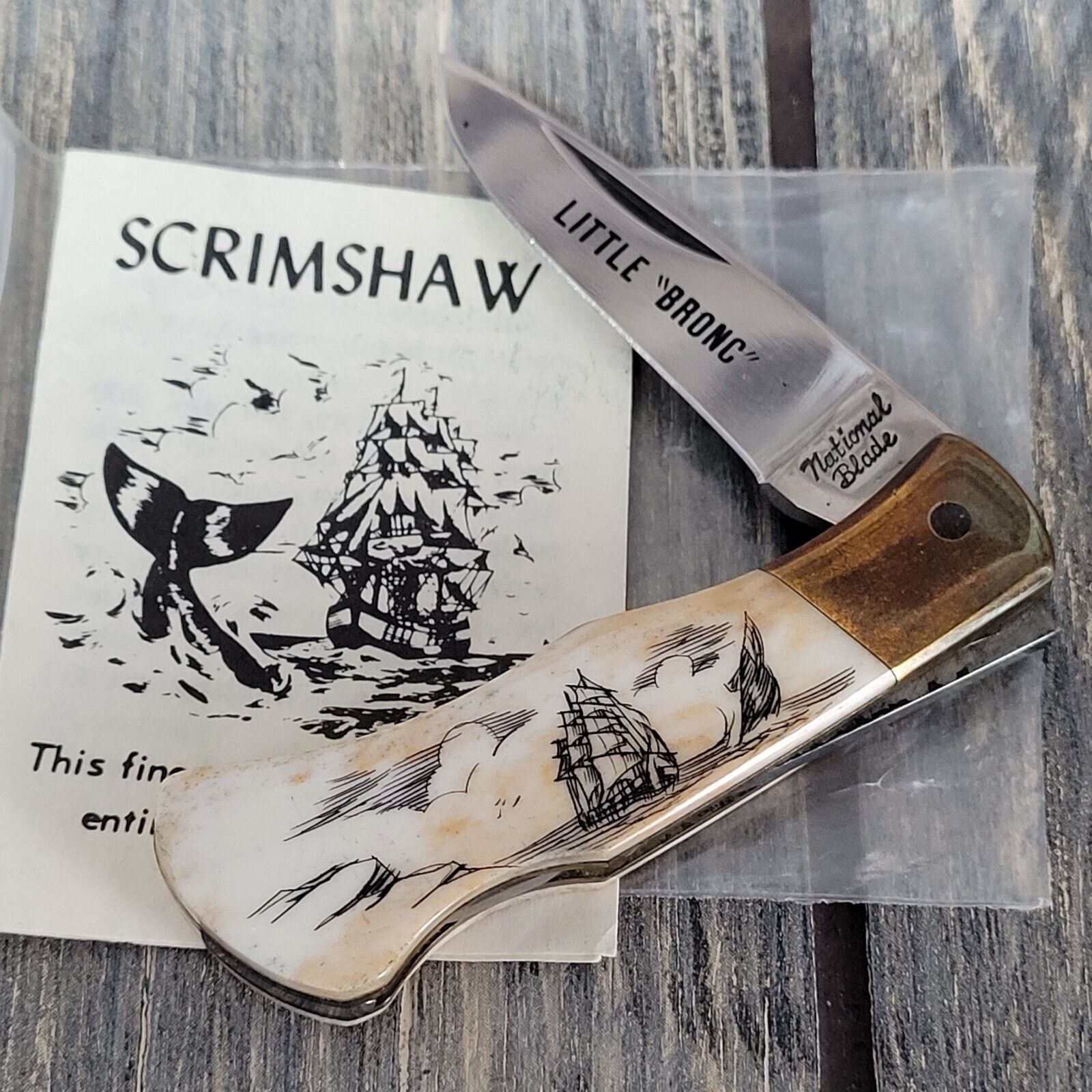 Vintage National Blade Scrimshaw Little Bronc Lockback Pocket Knife Japan 4⅜ EUC