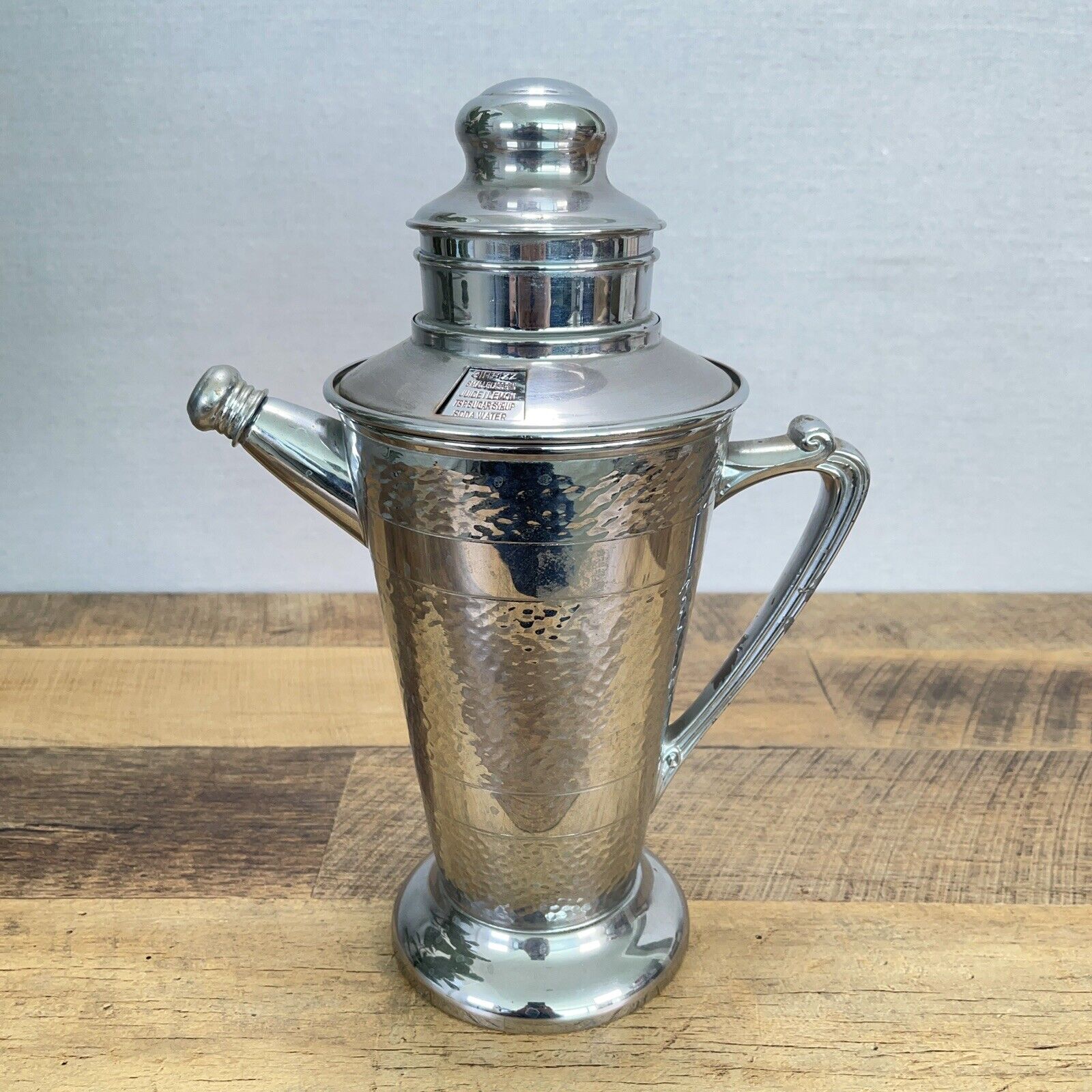 Vintage Hammered Cocktail 1930’s Silver Drink Mixing Pitcher 14 Recipes Rim