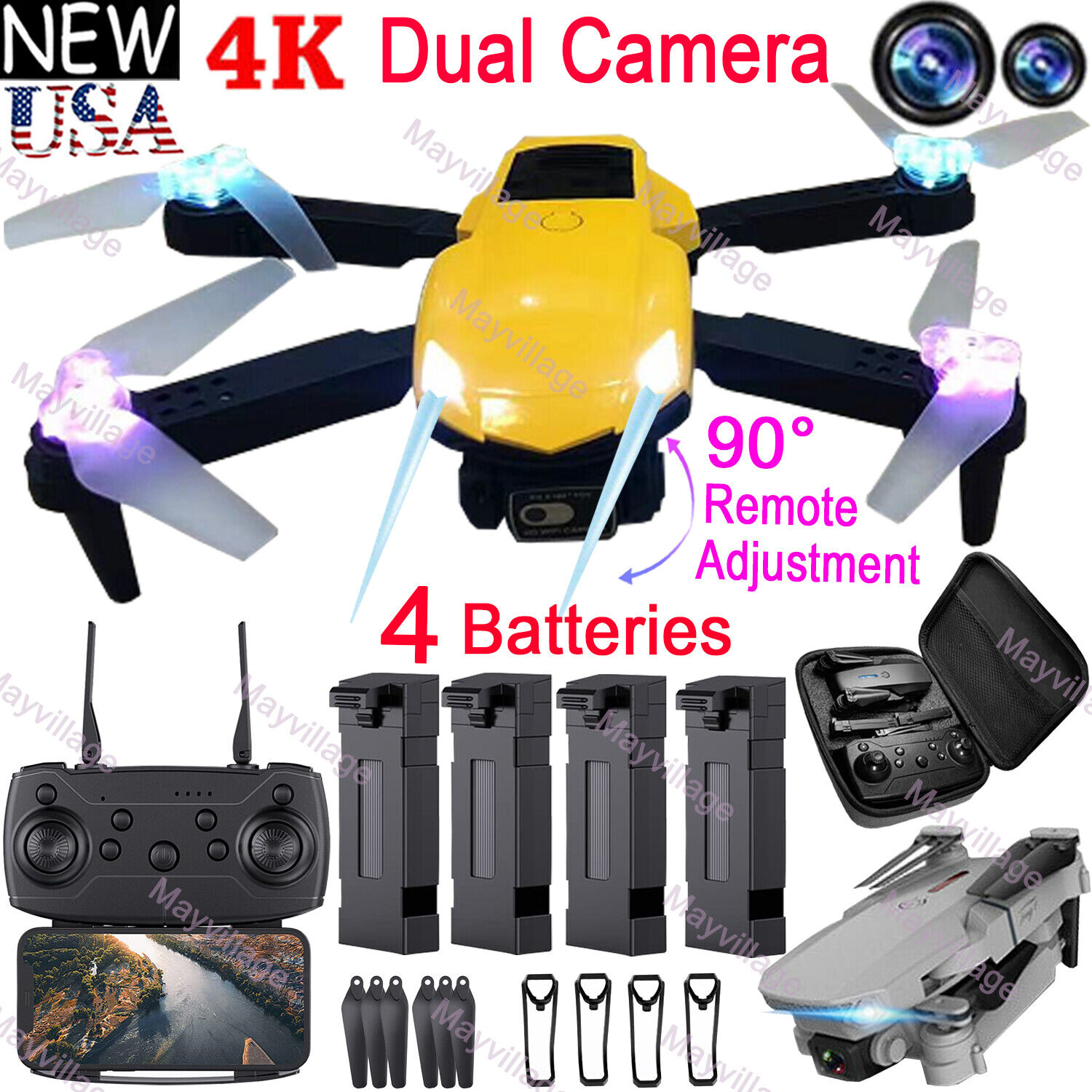 2023 LED RC Drone 4K HD 90° Dual Camera WiFi FPV Foldable Quadcopter + 4 Battery