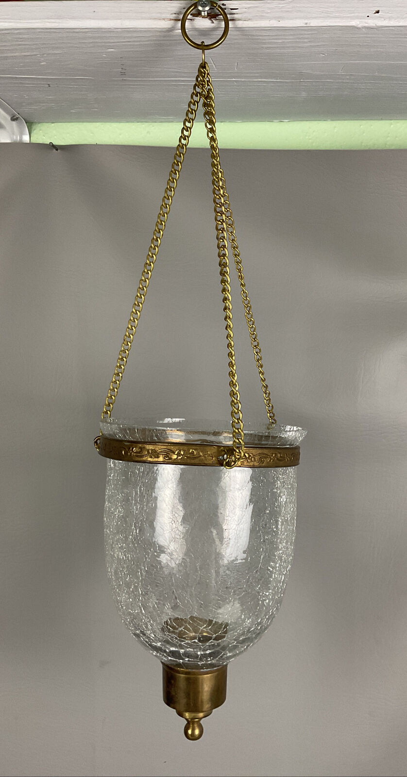 Antique Glass Bell Jar Suspended Hanging Lantern Clear Crackle Glass Brass