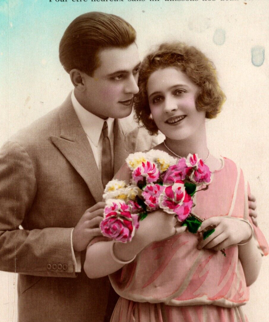 c1924 Lady Holds Flowers w/ Man Lovely French Hand Color Tinted VTG Postcard