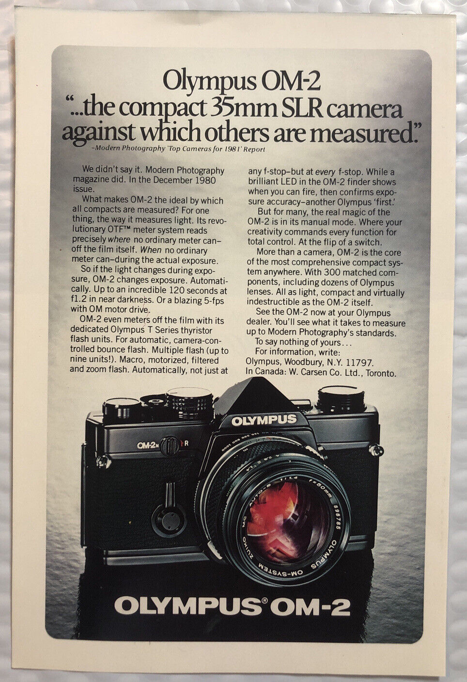 Vintage 1981 Original Full Page Print Ad - Olympus Camera OM-2