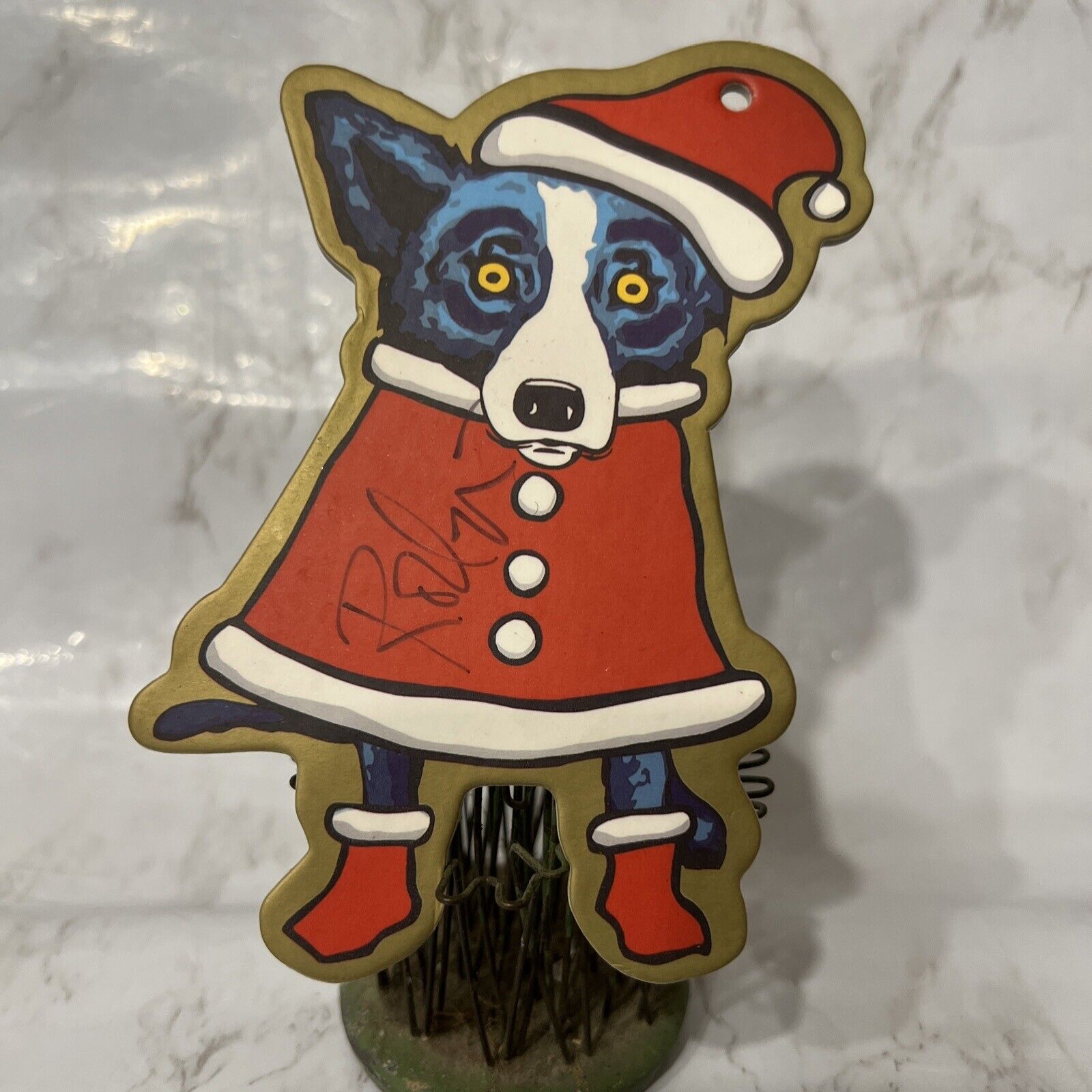 Signed Autographed Blue Dog CHRISTMAS TREE ORNAMENT - GEORGE RODRIGUE Santa Suit