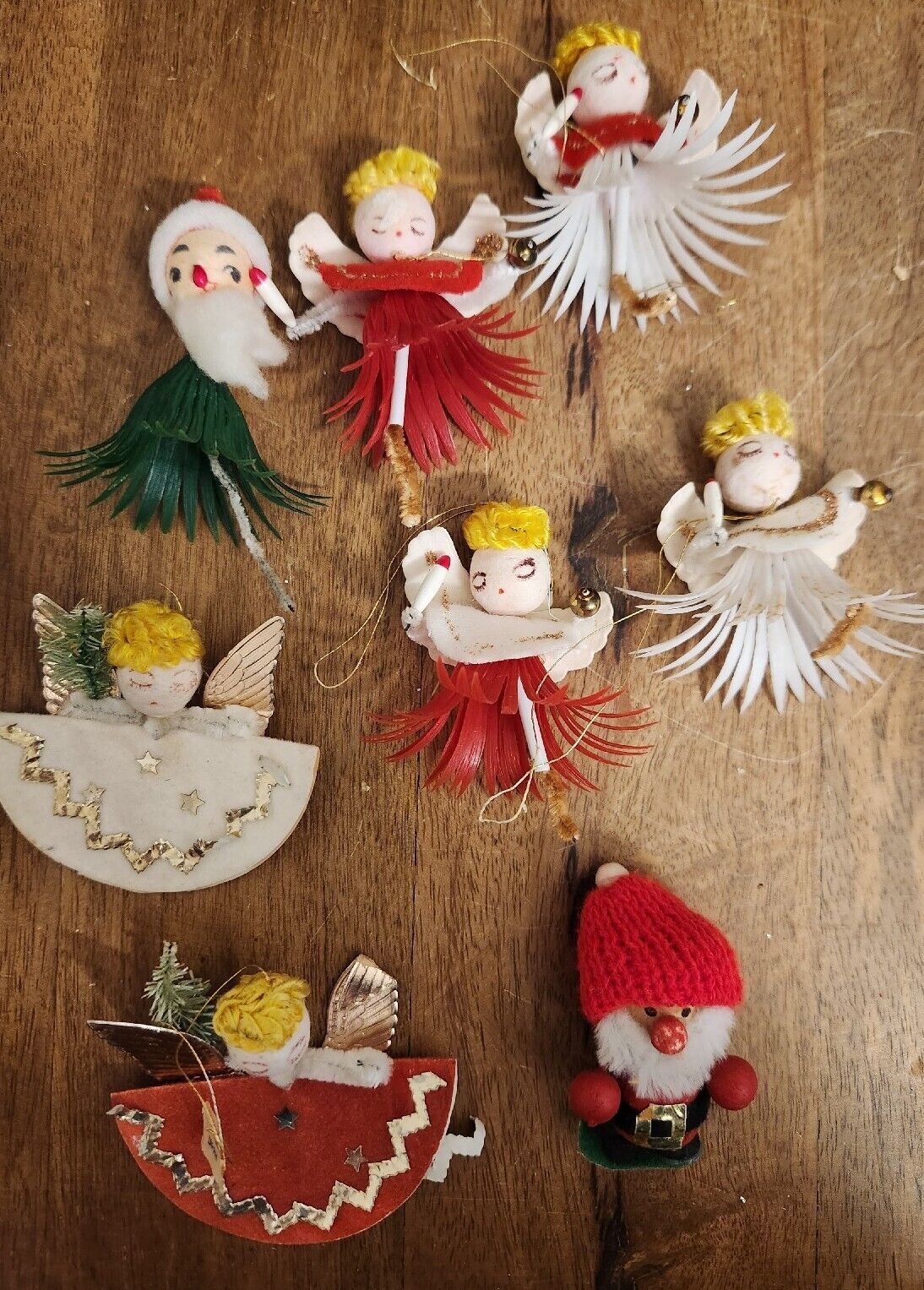 8 Vtg Christmas ANGELS SANTAS Chenille Pipe Cleaner Spun Cotton Ornaments Japan