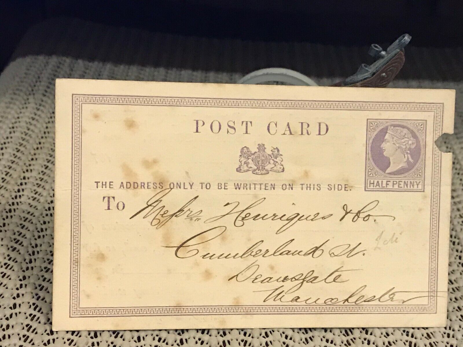 Postcard Half Penny Nov 1872 Punched Upper Corner Boiler Insurance Co Manchester