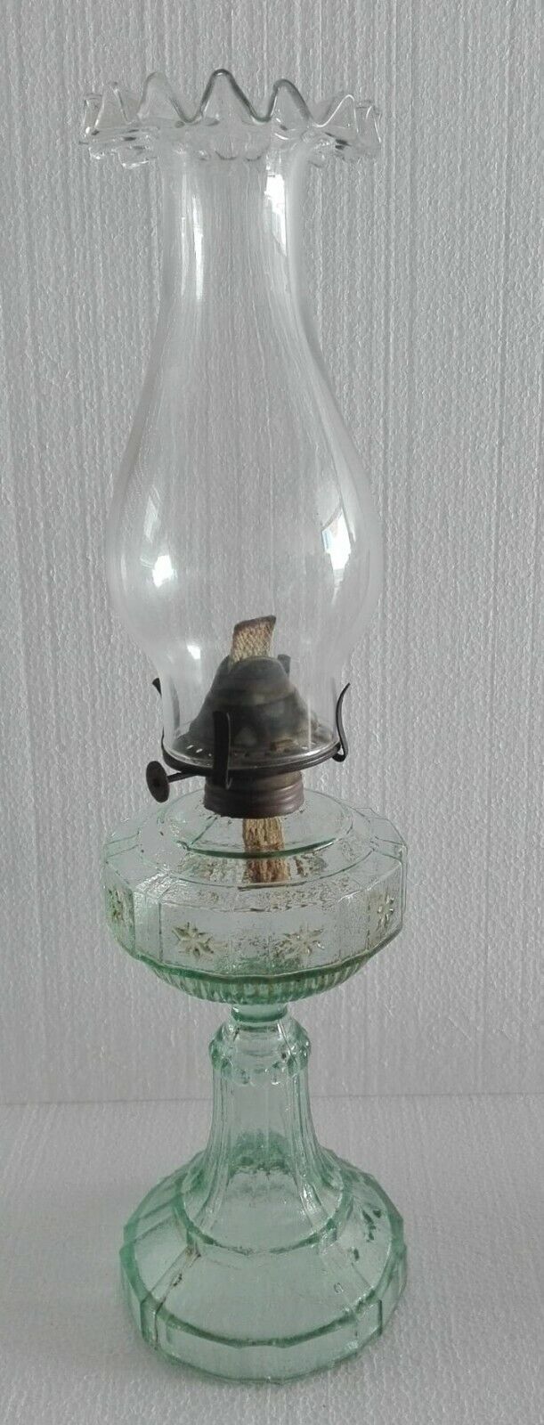 Vintage Early XXth Century Light Green Glass Kerosene Oil Lamp