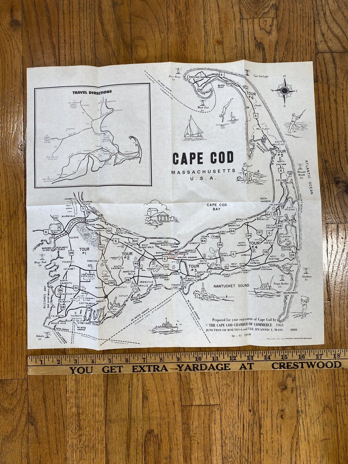 Vintage 1963 Cape Cod Massachusetts Map, Chamber of Commerce 60s
