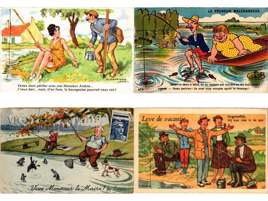 FISHING HUMOR COMIC, 25 Old Postcards Pre-1960 (L6207)