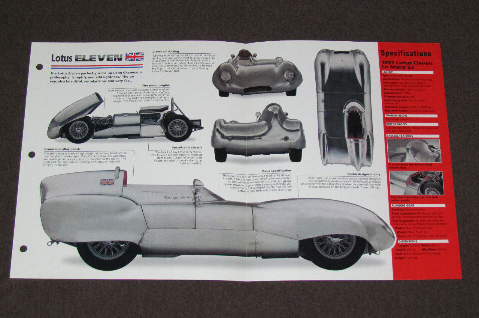 1956 1957 1958 LOTUS ELEVEN Le Mans S2 Race Car SPEC SHEET BROCHURE BOOKLET